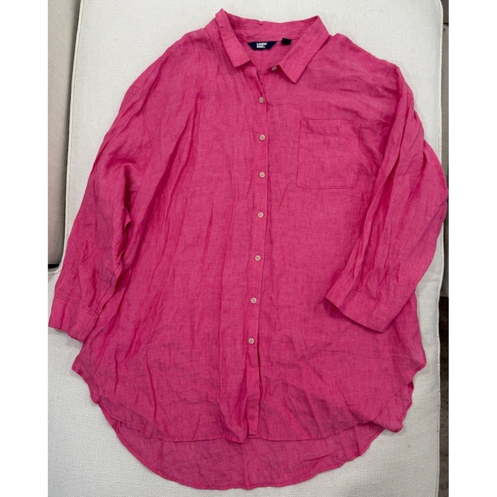 Lands End Linen Shirt Womens 3X Pink Button Up Long Sleeve High Low Excellent